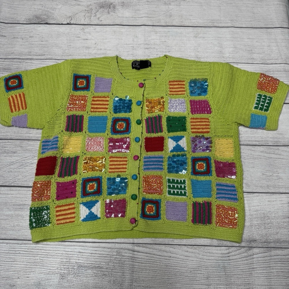 Berek Vintage‎ Short Sleeve Green Multicolor Patchwork Present Sweater Christmas